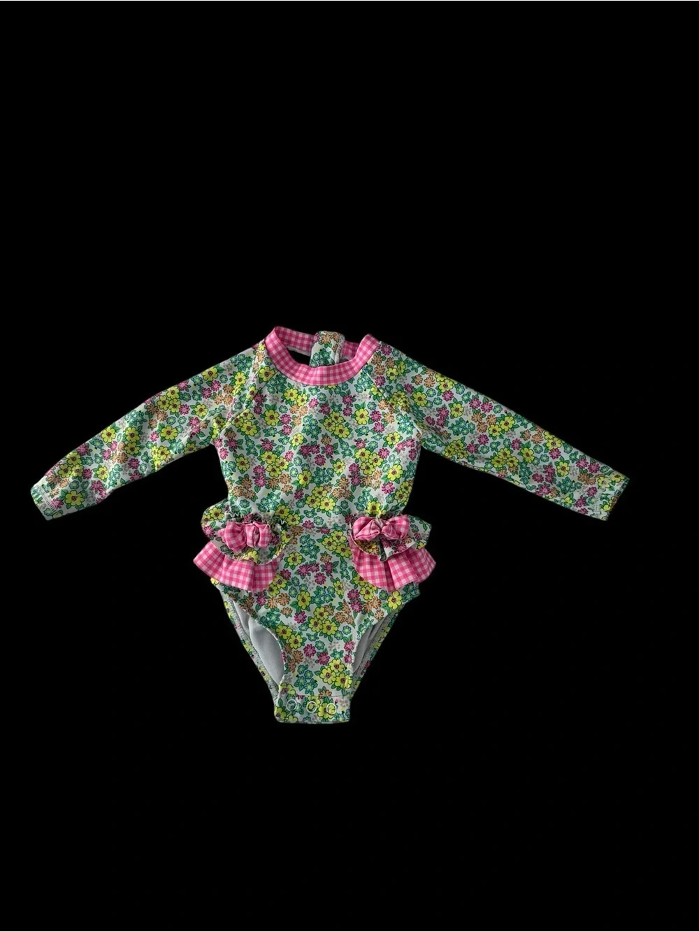 Nicole Miller Floral Long-Sleeve One-Piece Swimsuit with Pink Gingham Ruffles